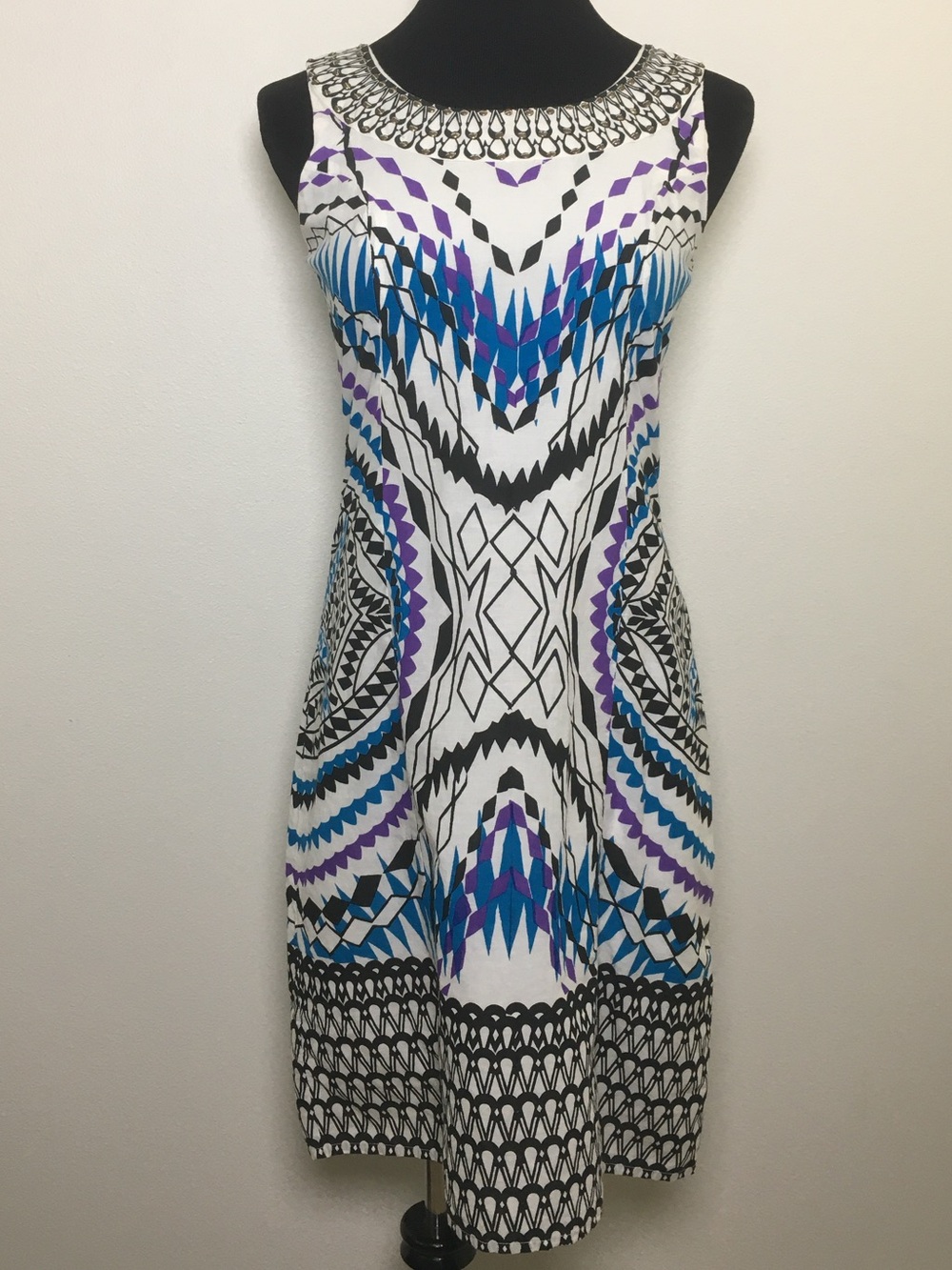 Sleeveless Dress with Beaded Neckline in White, Blue & Purple